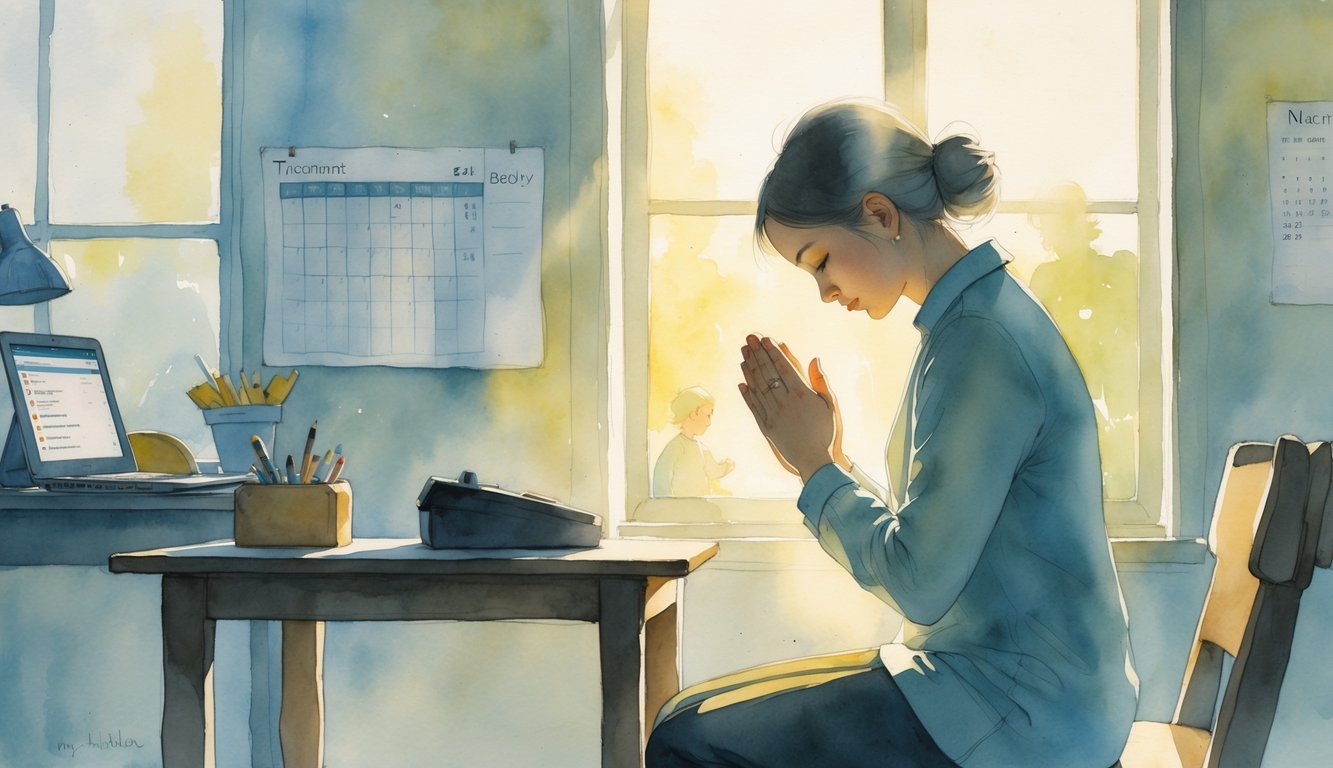 A person kneeling in prayer at a small table with eyes closed, surrounded by blurred scenes of daily life like a cluttered desk, a child playing, and a busy calendar.