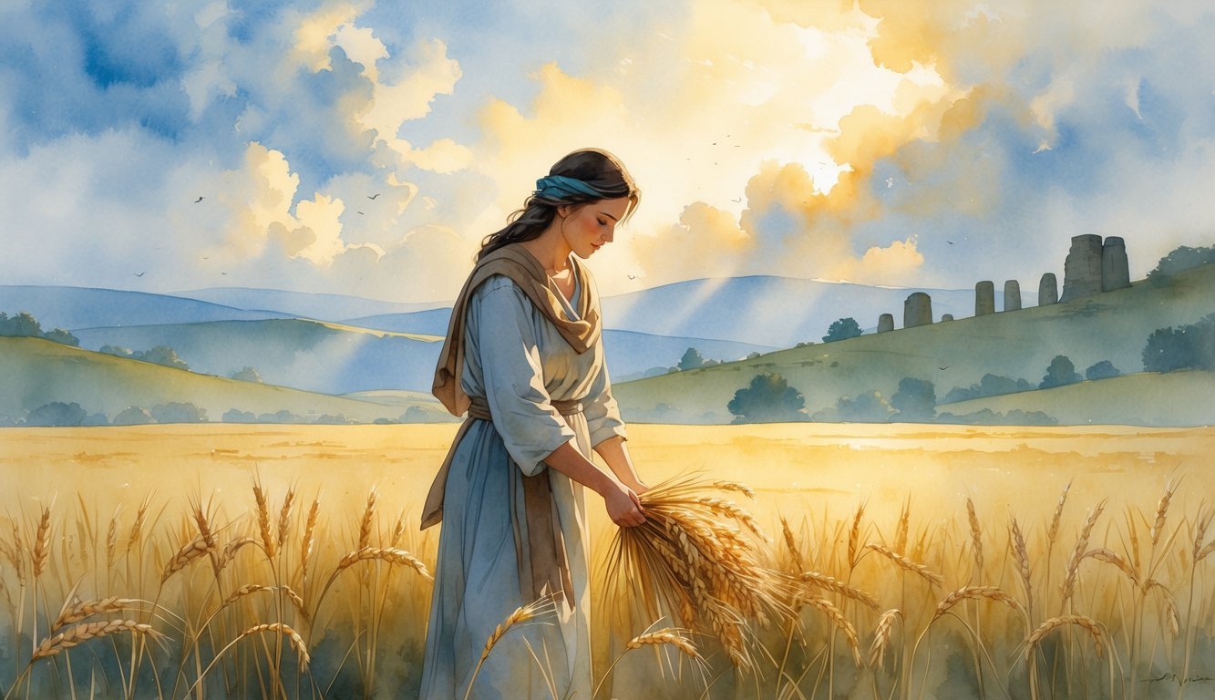 A woman gathering grain in a wheat field at dawn with hills and ancient buildings in the background.