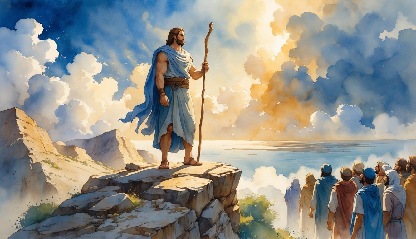 A man holding a staff stands on a mountain peak with a group of followers below, under a bright sky with clouds and sunlight.