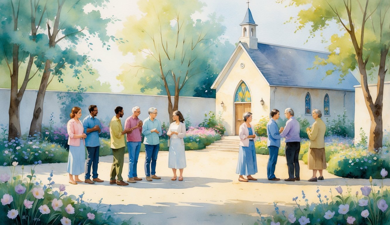 A group of people in a church garden talking with expressions of concern and empathy near a small church building.