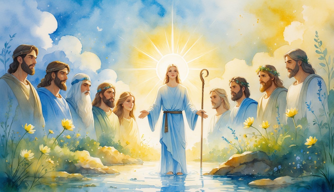 A radiant figure surrounded by ten symbolic biblical heroes with natural elements like flowing water, flowers, and a rising sun in the background.