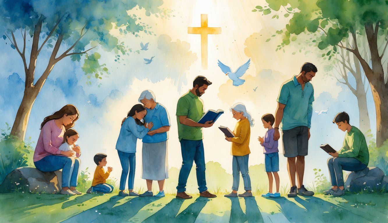 A group of people in a peaceful outdoor setting showing moments of reflection, prayer, and kindness, with light breaking through clouds and birds flying overhead.