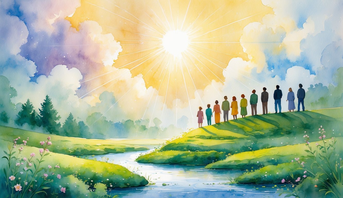 People standing together on a hill under golden light breaking through clouds above a river and green landscape.