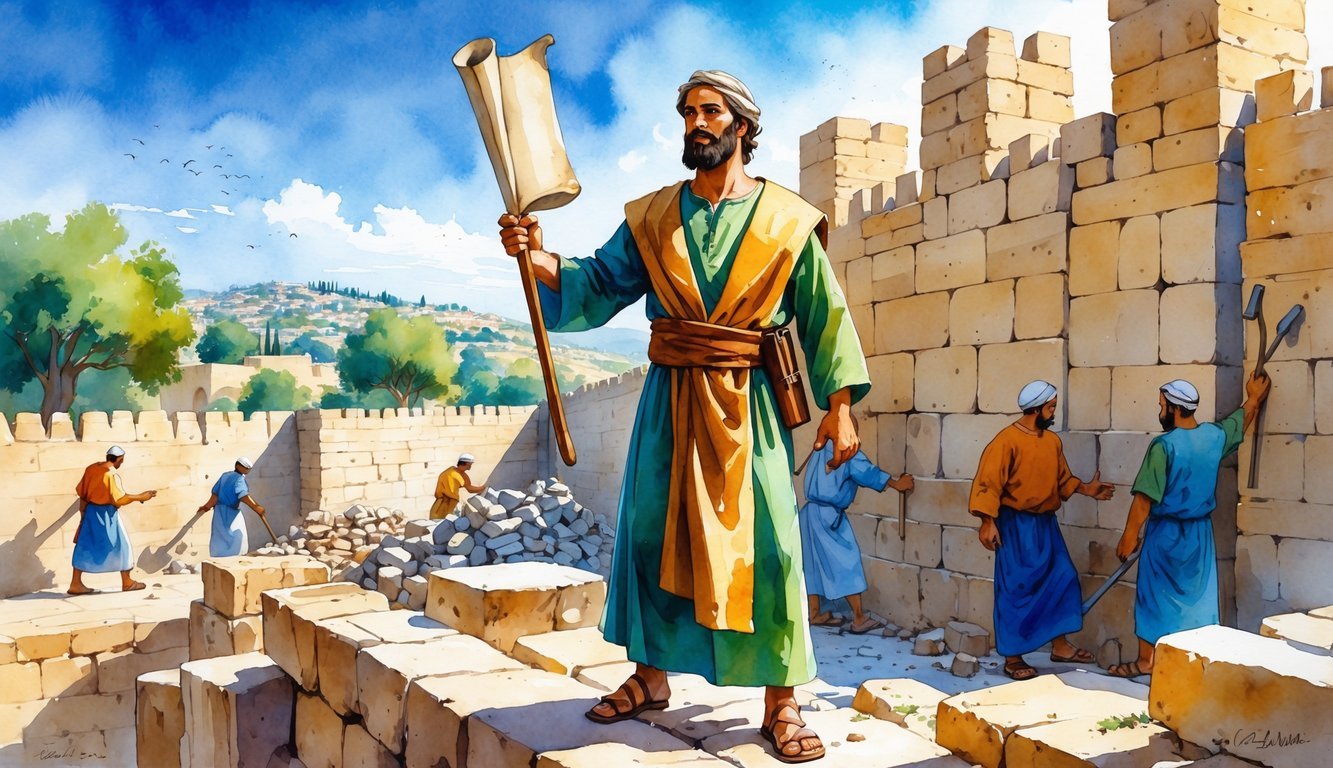 A man stands on ancient city walls holding a scroll and a trowel, with workers rebuilding a stone wall around him and a landscape of trees and hills in the background.