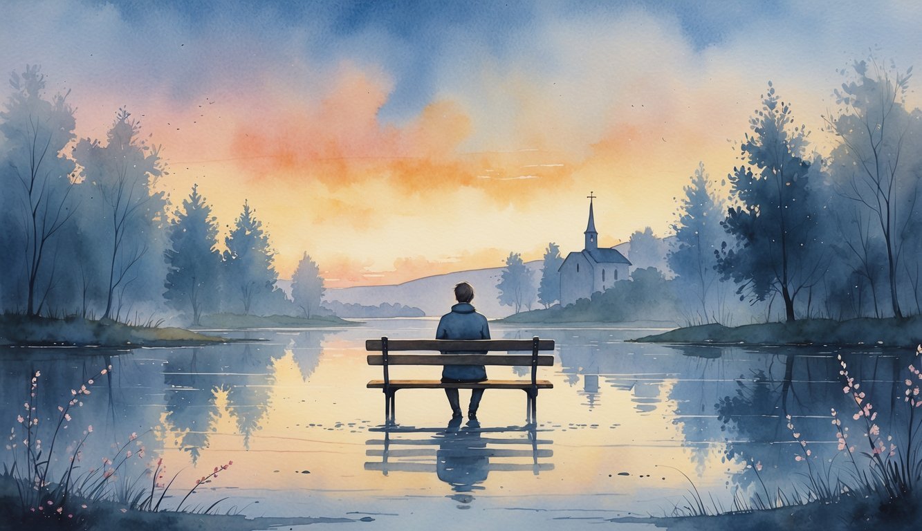 A solitary person sitting on a bench by a calm lake at dusk, surrounded by trees with a small church and hills in the background.