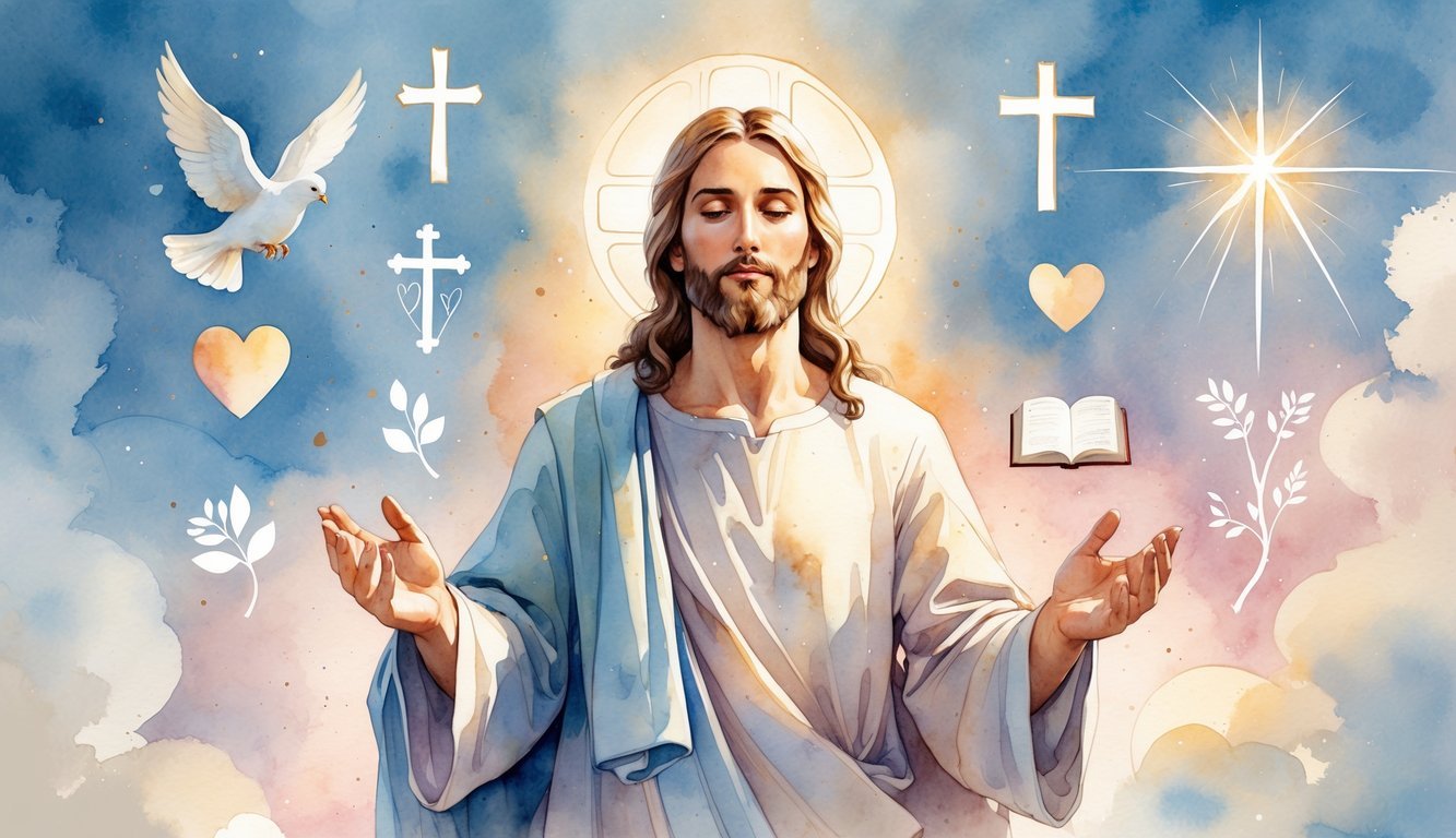 A peaceful scene showing Jesus with open arms surrounded by symbols like a dove, cross, heart, olive branch, lamb, light beam, open Bible, and rainbow under a soft, colorful sky.