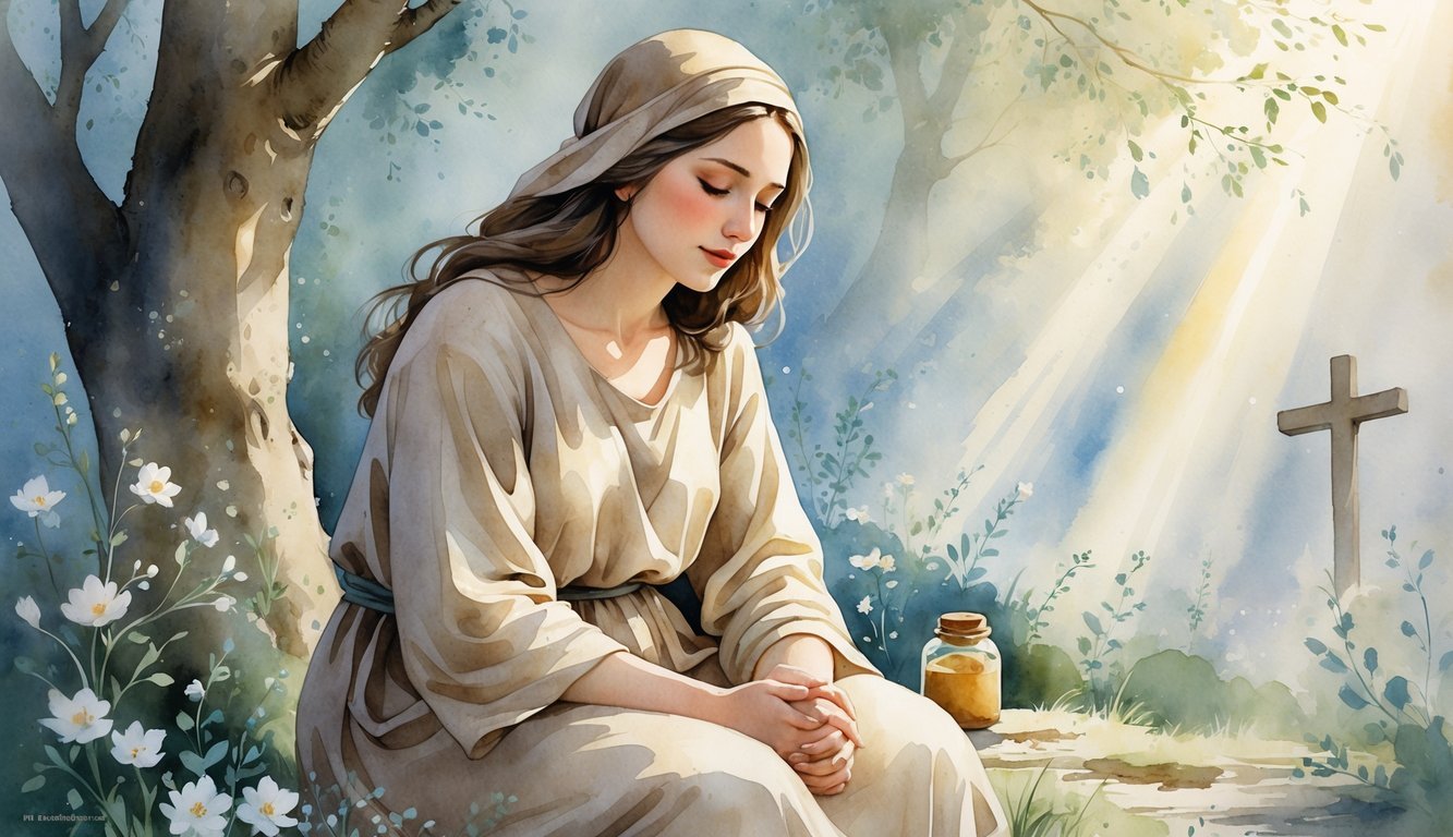 A woman kneeling peacefully in a garden with soft light and flowers around her, surrounded by gentle symbols of faith.