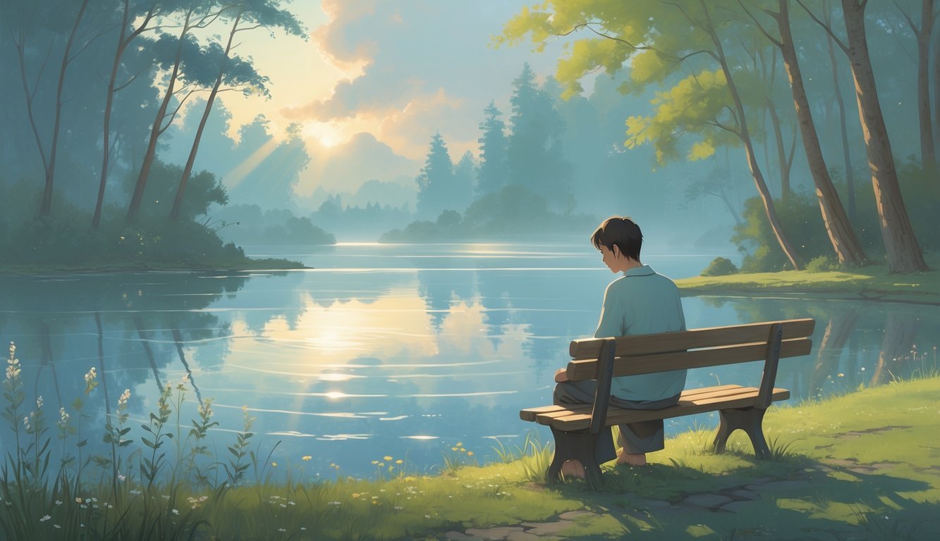 A person sitting quietly on a bench by a calm lake at dawn, surrounded by trees and soft light, looking thoughtfully at the water with a distant storm cloud and a winding path in the background.