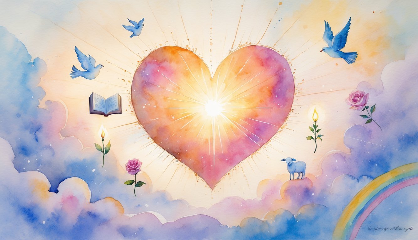 A glowing heart surrounded by symbols of love and faith including a dove, Bible, hands, rose, cross, lamb, candle, and rainbow, set against a soft, colorful sky.
