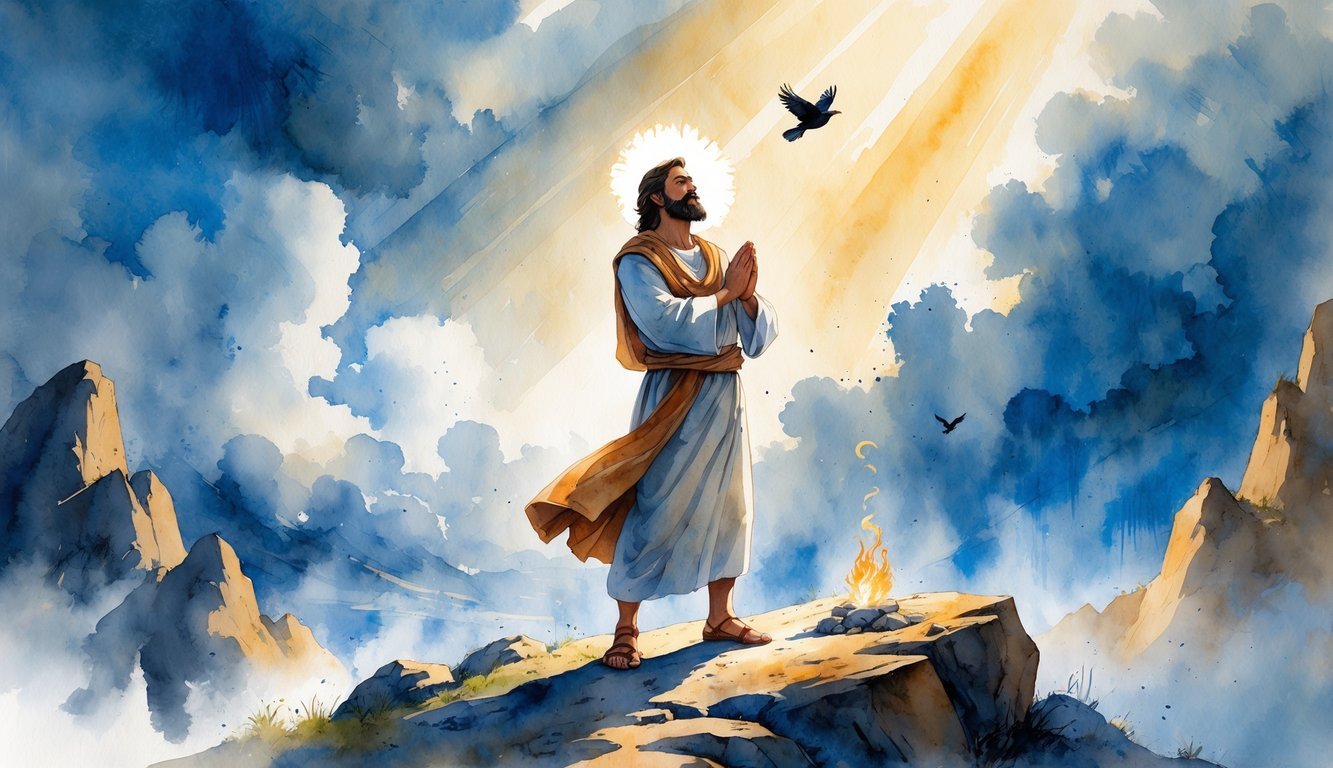 A man in ancient robes stands on a rocky mountain peak with hands raised in prayer under a sky with sunlight breaking through clouds, surrounded by a natural landscape and a small flame nearby.