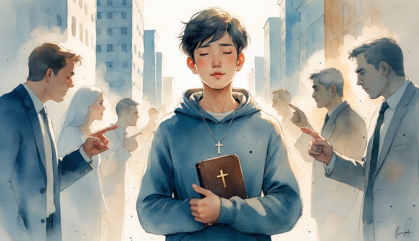 A person wearing a cross necklace stands peacefully in a busy city scene while faint figures around them appear to whisper and point, showing judgment. The person holds a Bible close and is surrounded by soft light, symbolizing calm and resilience.