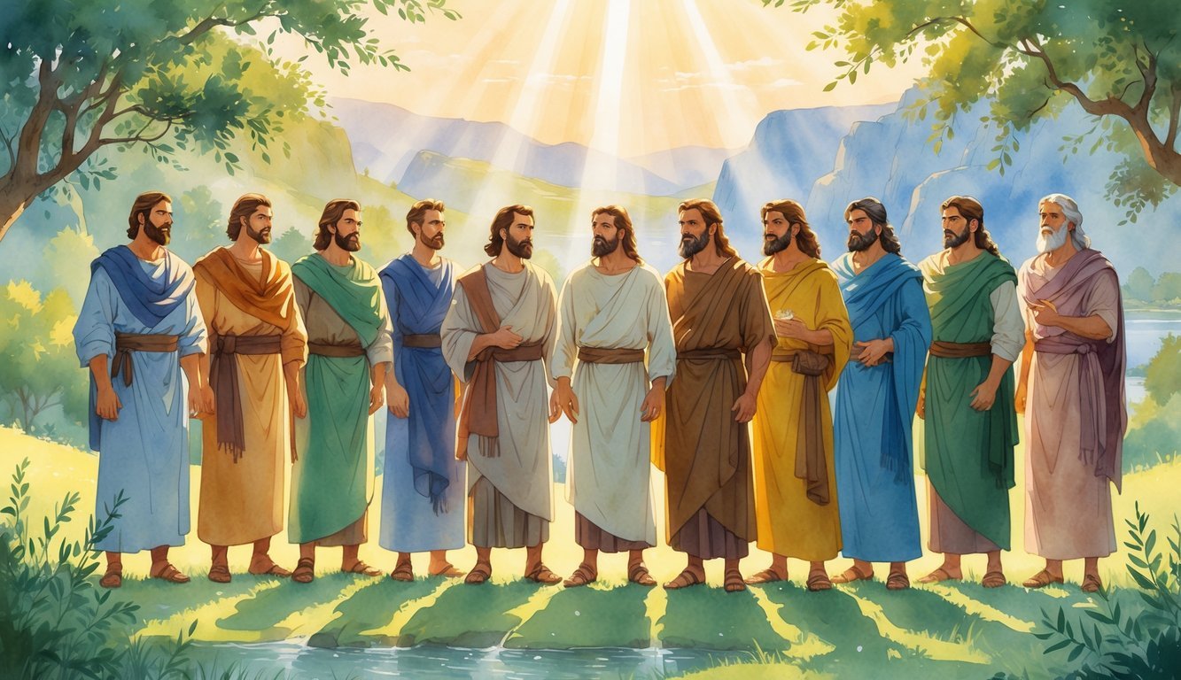 A group of ten biblical heroes standing together in a sunlit natural landscape with trees, rivers, and mountains in the background.