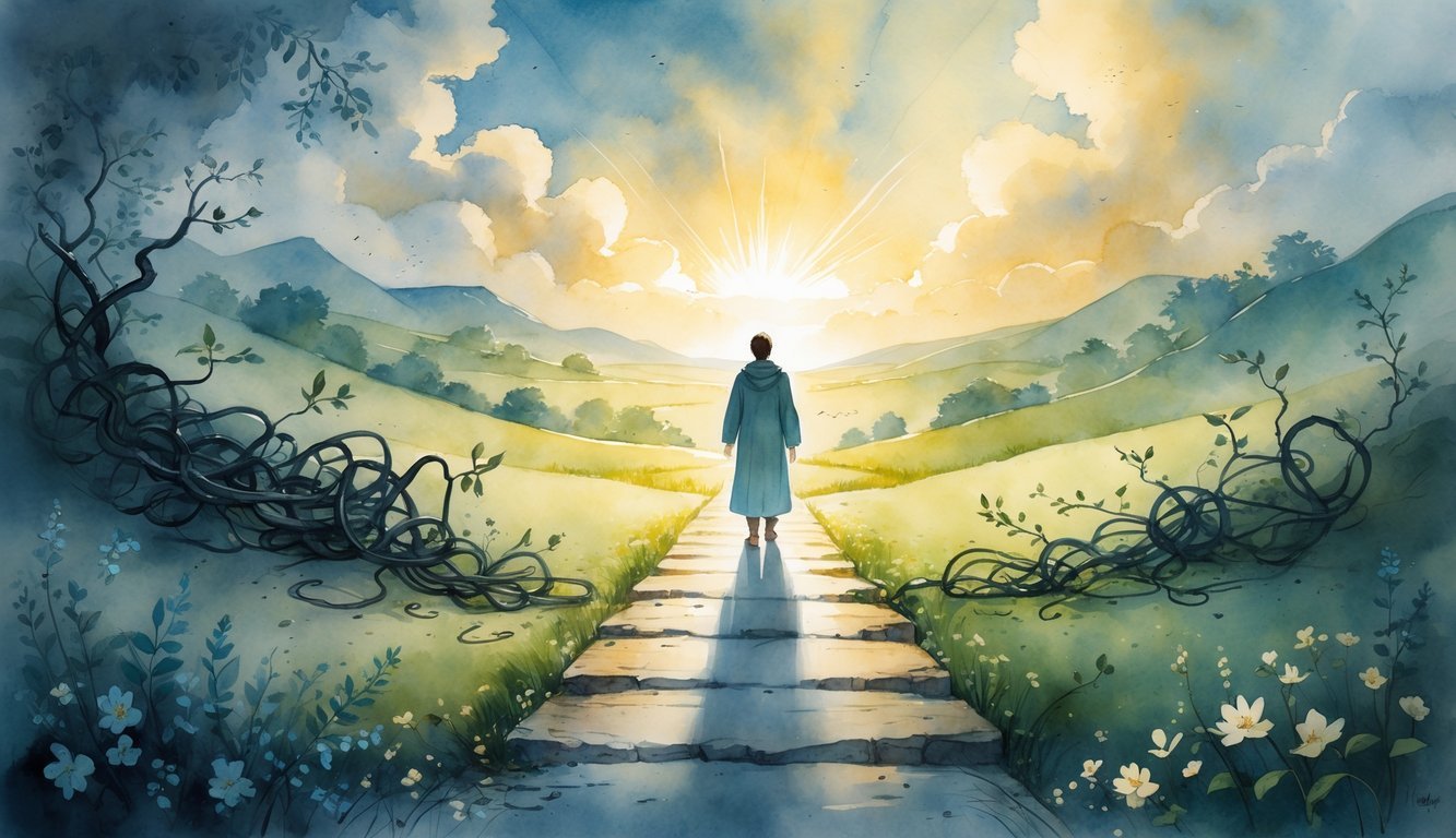 A person standing at a crossroads with one path surrounded by dark vines and another lit by warm light, set in a peaceful natural landscape with hills, flowers, and a sunrise.