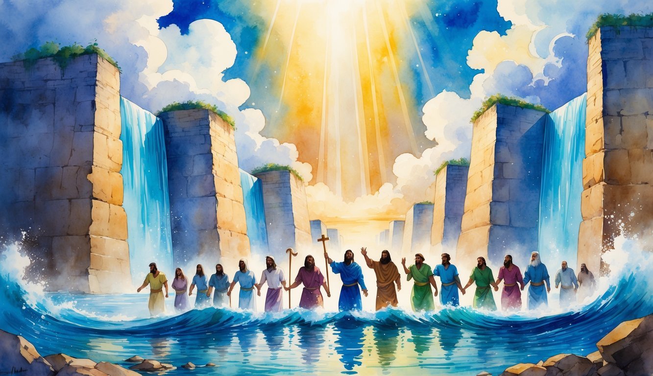 A group of people crossing a parted sea with towering walls of water on each side, guided by a radiant light from the sky, with symbolic elements representing God's love surrounding them.