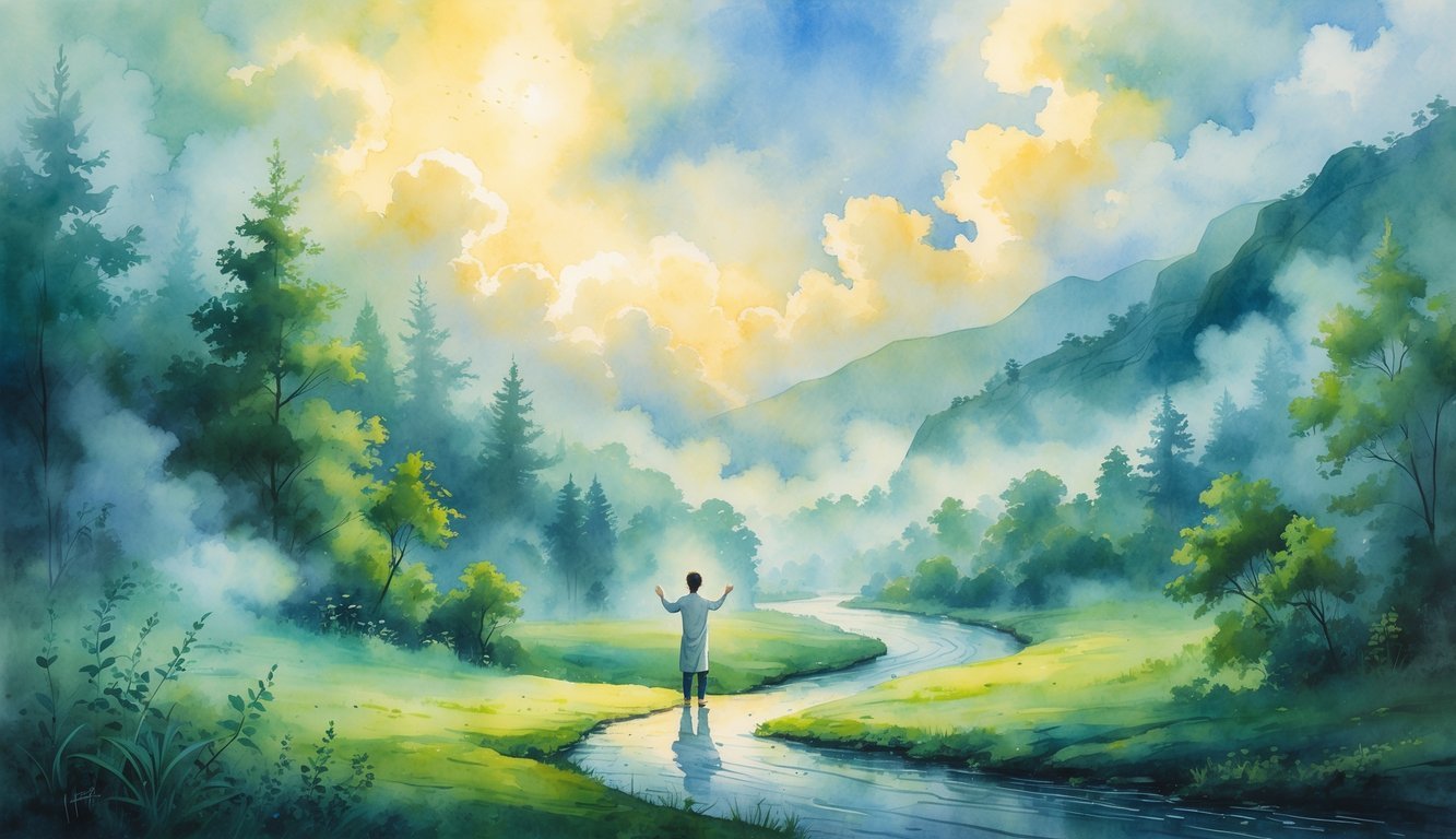 A person standing on a forest path under a glowing sky, surrounded by trees, mountains, and a stream, looking upward with a calm expression.
