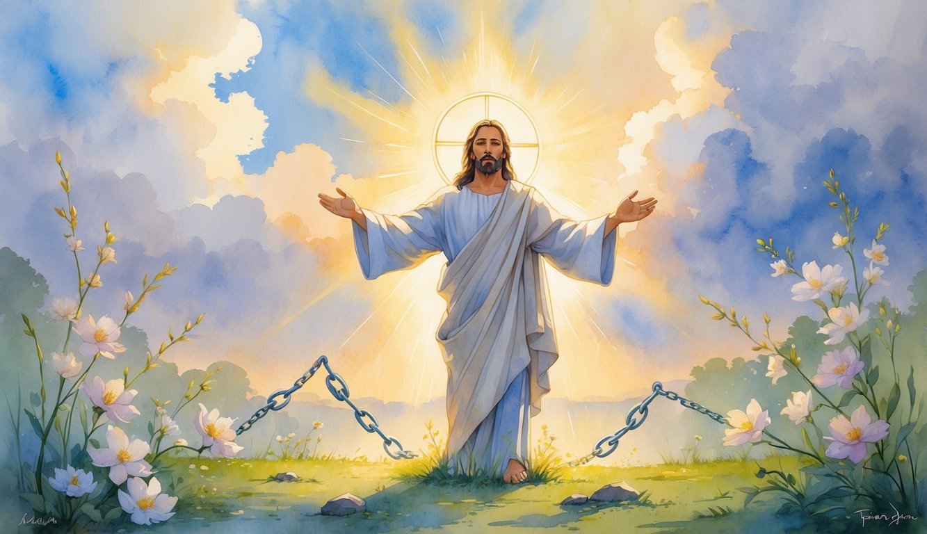 A glowing figure with outstretched arms stands in a peaceful natural setting with blossoming flowers and soft light breaking through clouds in the sky.