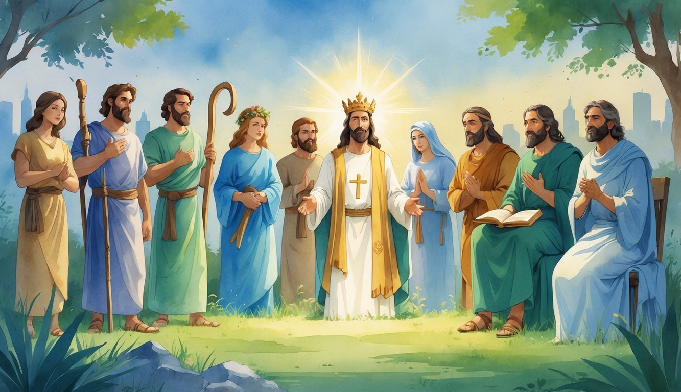 Ten biblical heroes gathered together in a peaceful setting combining ancient and modern elements, each showing qualities of faith and wisdom.