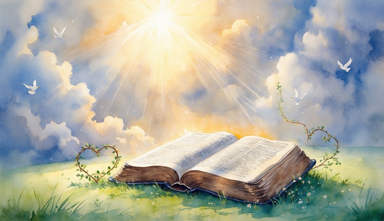 A peaceful landscape with soft light shining through clouds onto an open Bible on grass, surrounded by doves and vines.