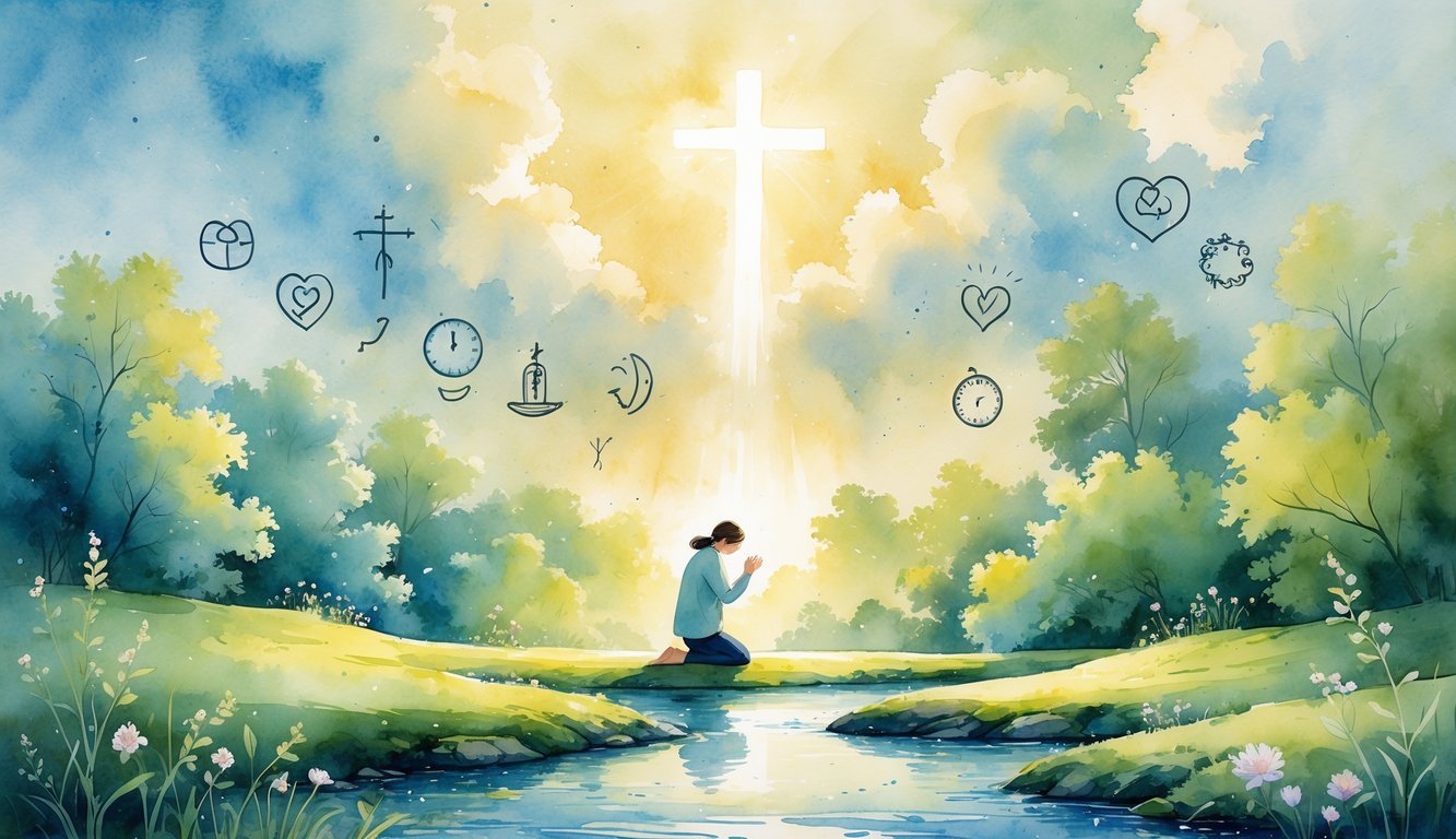 A person kneeling in prayer beside a flowing river with a glowing cross in the sky and twelve faint symbols representing challenges softly blended into the natural surroundings.