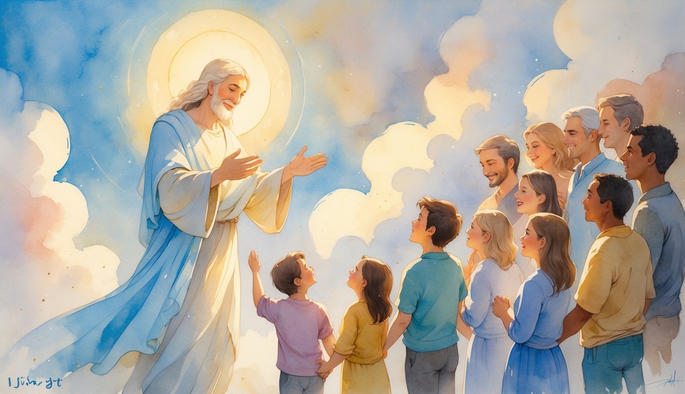 A radiant figure symbolizing God reaching out with open arms to a diverse group of joyful people, illustrating deep love and connection.