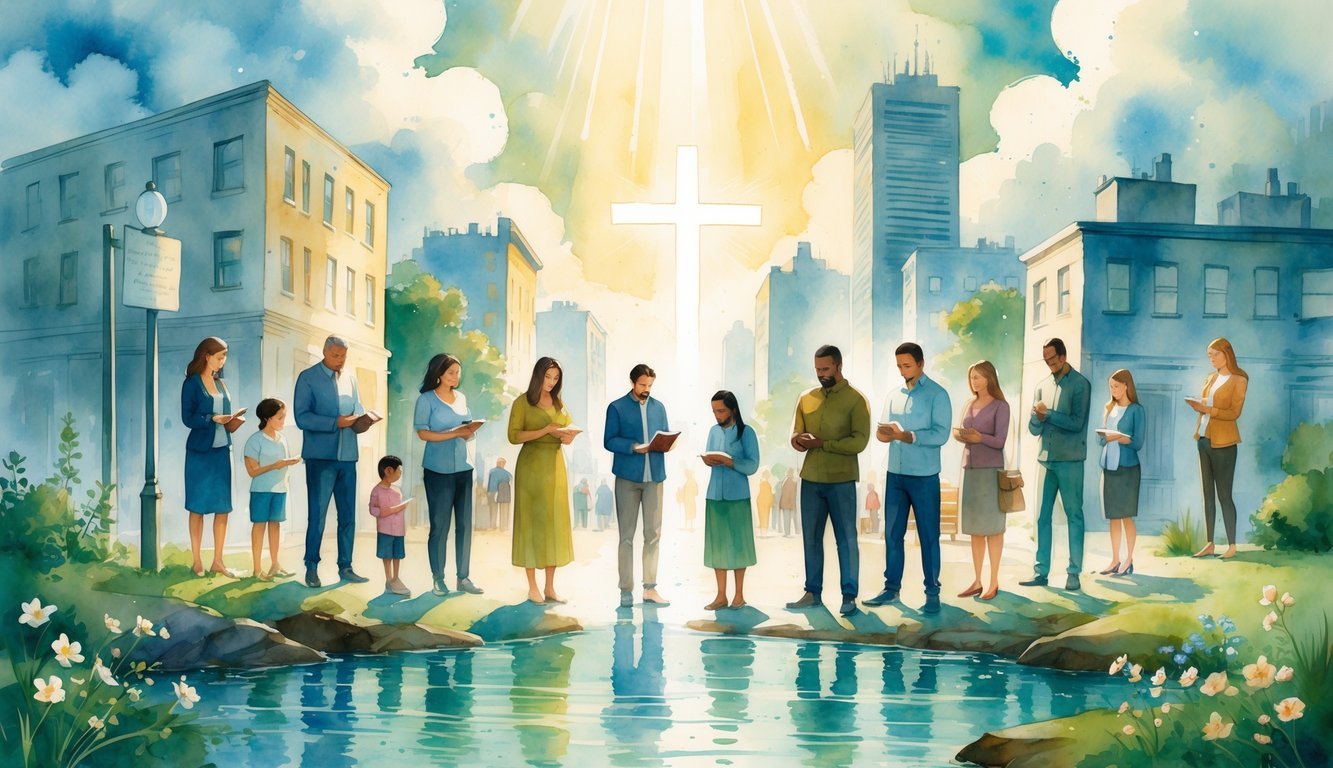 A group of people in different daily life settings showing moments of prayer, reflection, and kindness with symbolic elements like a glowing cross and nature scenes around them.