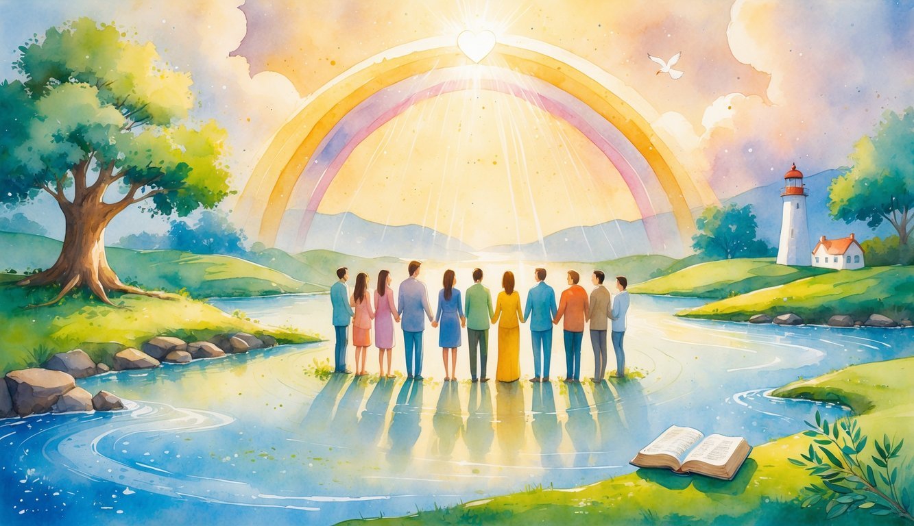 A group of people standing together in a peaceful natural setting surrounded by symbols like a tree, dove, rainbow, and Bible, all under a glowing sky.