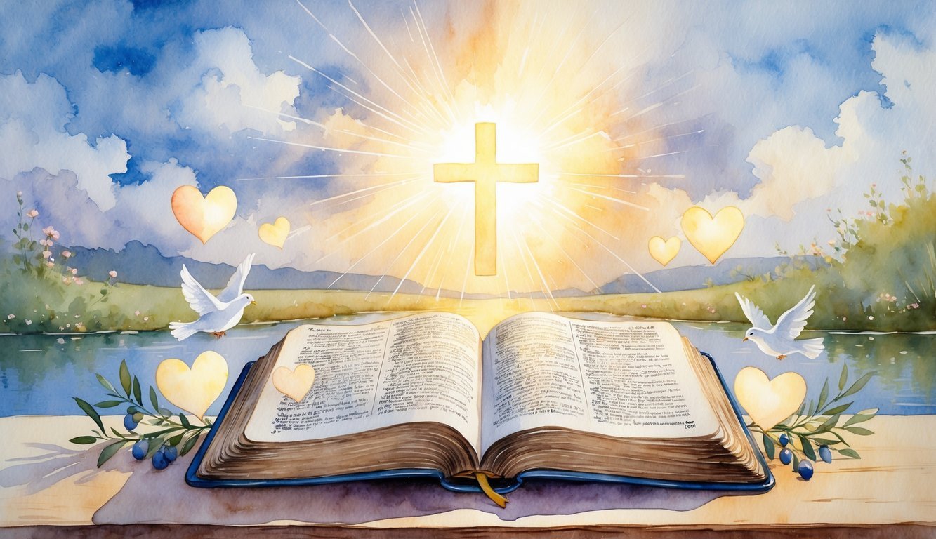 An open ancient Bible on a wooden table with soft light shining down, surrounded by doves, olive branches, and gentle rays of light in a peaceful natural setting.