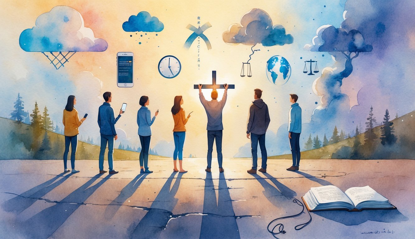 A group of people facing symbolic challenges like distractions, doubt, family conflict, and hope, with a glowing cross at a crossroads and a light shining through a tunnel.