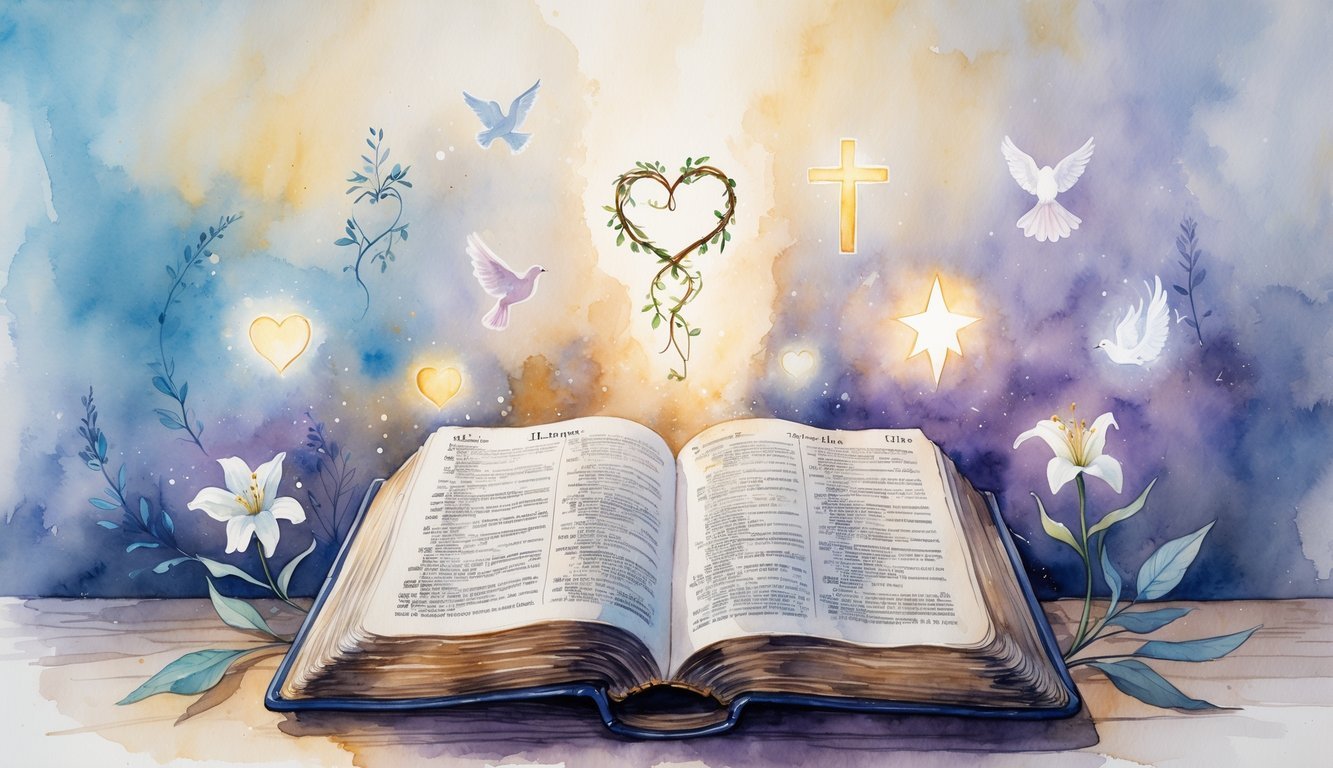 An open Bible on a table surrounded by eight gentle symbols representing love and spirituality, bathed in soft glowing light.