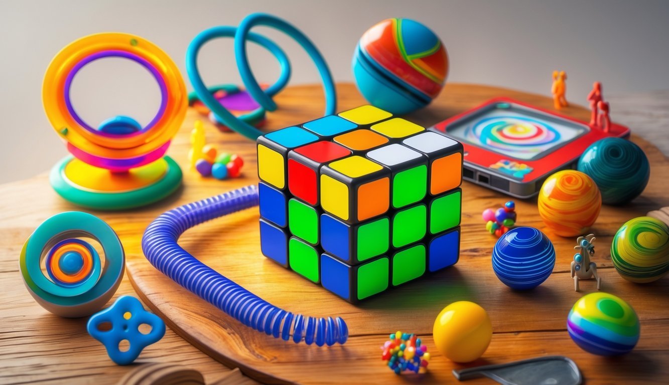 A collection of twelve classic 1970s toys including a Rubik's Cube, Slinky, Lite-Brite, Stretch Armstrong, Etch A Sketch, Tinkertoys, yo-yo, Fisher-Price Little People, Spirograph, View-Master, marbles, and Rubik's Snake arranged together on a wooden surface.