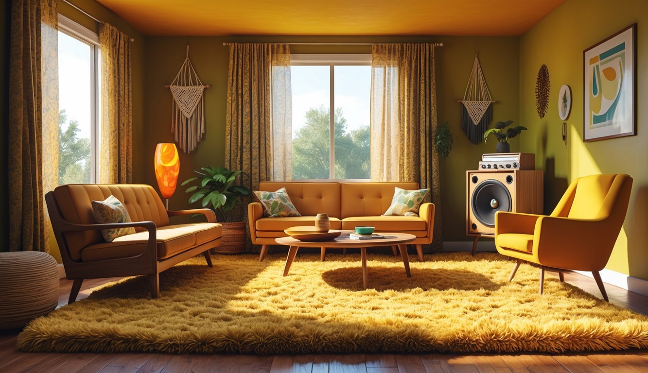 A cozy 1970s living room with thick shag carpeting, retro furniture, and vintage decorations.
