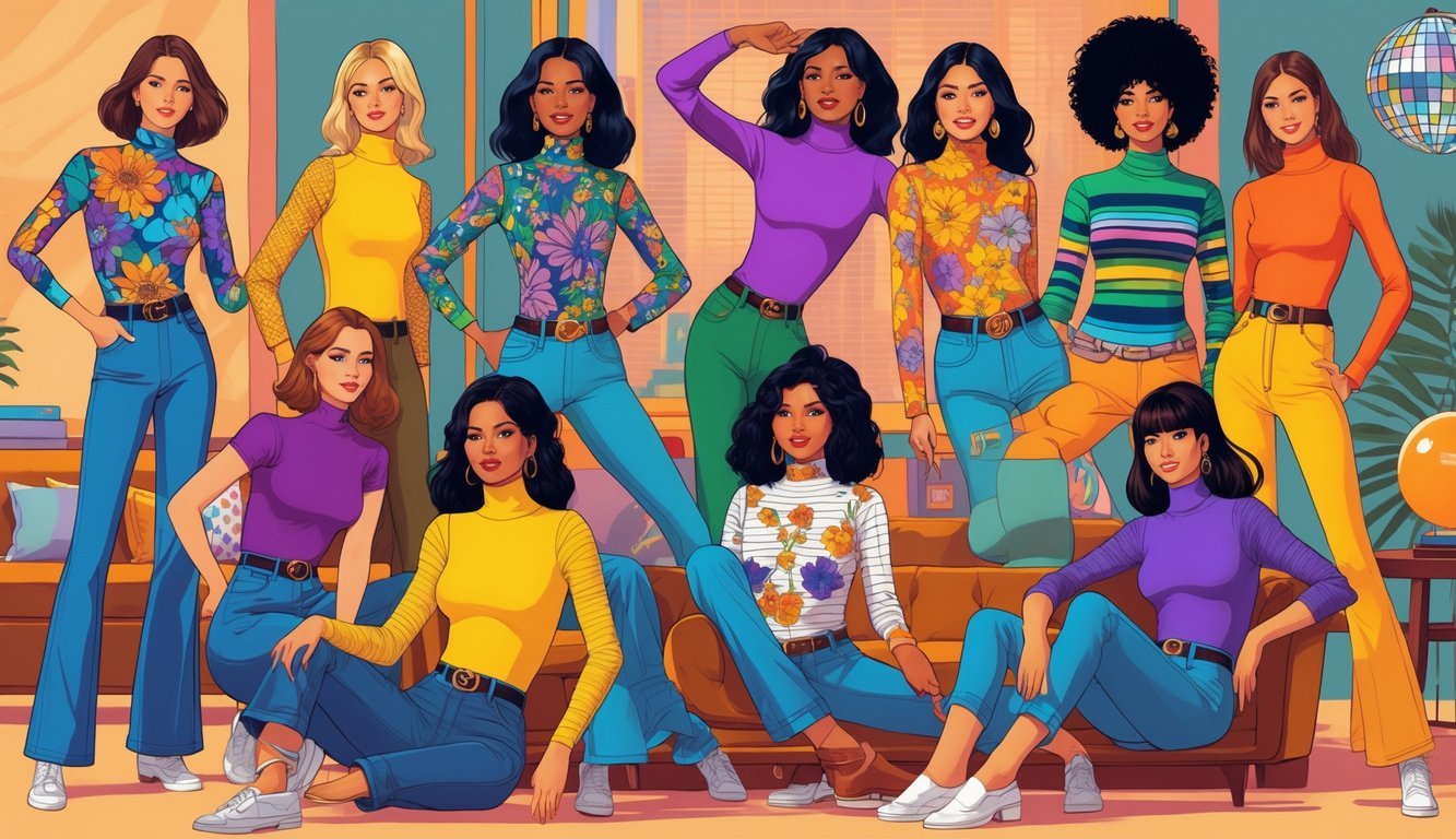 A group of diverse people wearing various colorful 1970s style body shirts in a lively retro setting.