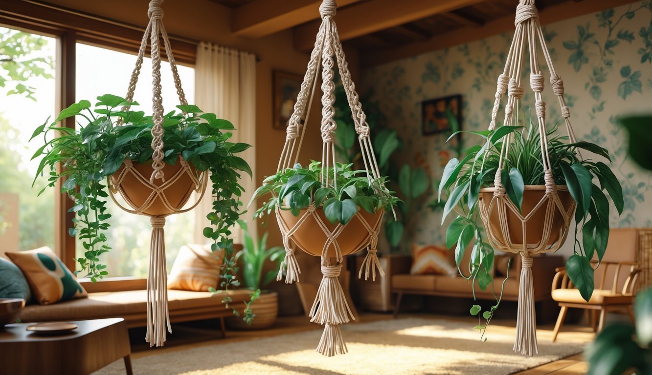 Indoor scene with several handwoven macramé plant hangers holding green plants, surrounded by warm wooden furniture and vintage decor.