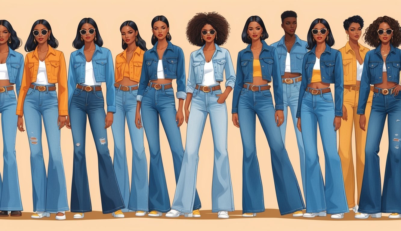 A group of people wearing different styles of denim clothing in various washes, posing together in a warm-toned setting.