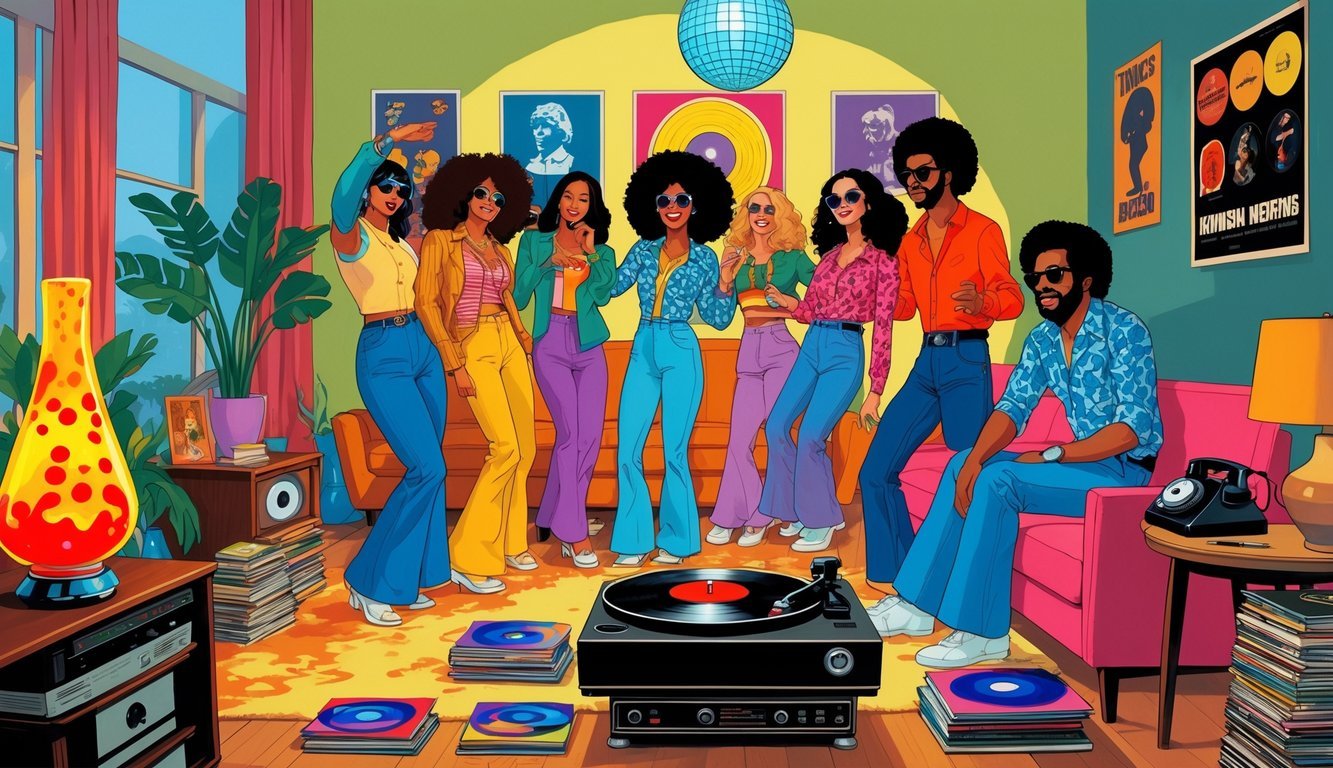 A lively 1970s living room with people dressed in 70s fashion dancing around a turntable playing vinyl records, surrounded by vintage decor like a lava lamp, disco ball, and posters.