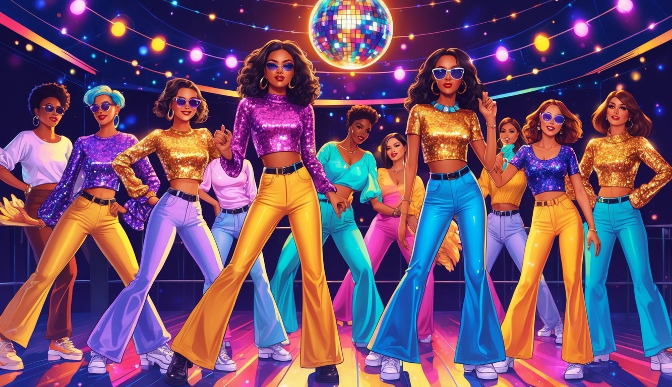A group of people dancing at a disco party wearing shiny sequined tops and 1970s-style clothing under colorful lights.