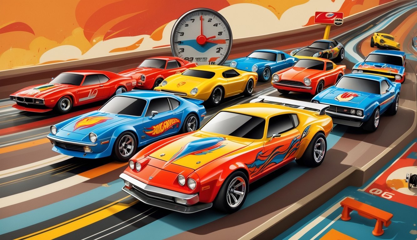 Twelve classic Hot Wheels toy cars from the 1970s displayed on winding tracks with a retro-themed background.