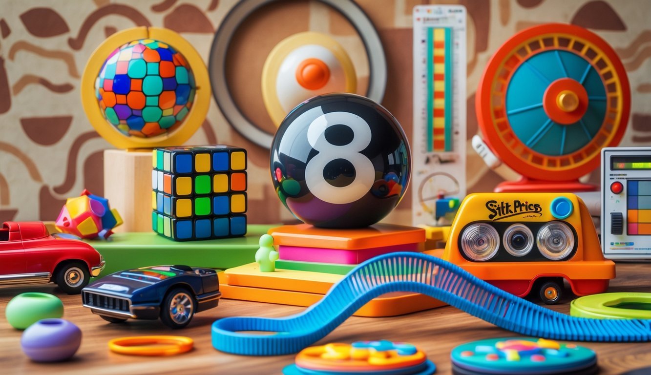 A collection of 12 classic 1970s toys including a Magic 8-Ball, Rubik's Cube, Lite-Brite, Stretch Armstrong, Spirograph, Little People figure, Slinky, View-Master, Hot Wheels car, Star Wars action figure, Simon game, and Etch A Sketch arranged together on a wooden surface.