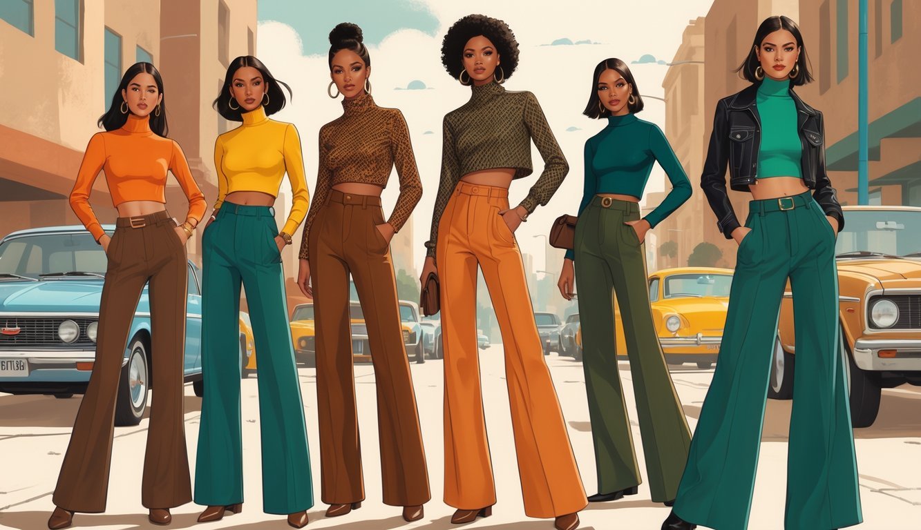 A group of people standing outdoors wearing wide-leg trousers in various colors and styles.