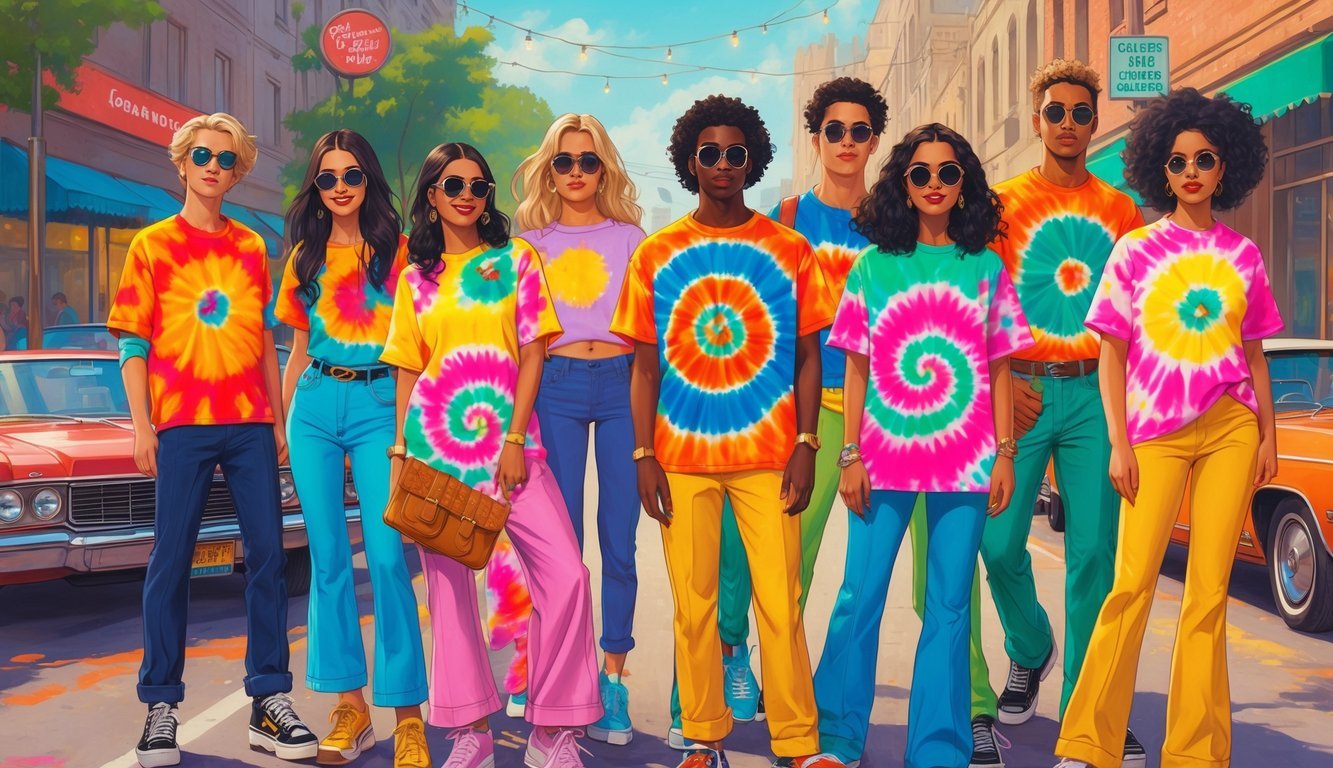 A group of young adults wearing colorful tie-dye shirts and 1970s-inspired clothing standing outdoors in an urban setting.