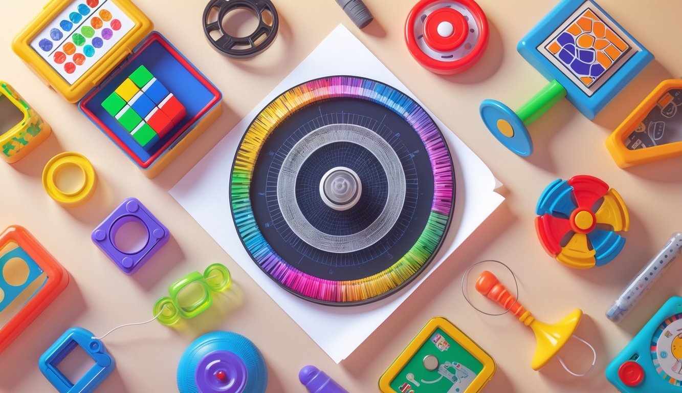 A collection of twelve classic 1970s toys arranged together, featuring a Spirograph drawing colorful patterns in the center surrounded by other popular toys from that decade.