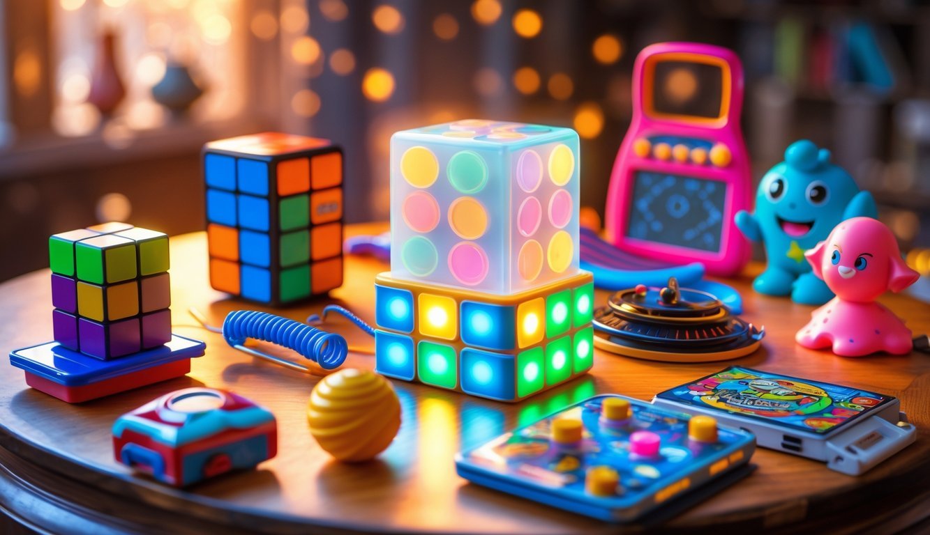 A collection of 12 classic 1970s toys arranged on a table, including a Lite-Brite, Rubik's Cube, Stretch Armstrong, Speak & Spell, View-Master, Slinky, Little People, Star Wars figure, Simon game, Hot Wheels car, Cabbage Patch Kid doll, and Etch A Sketch.