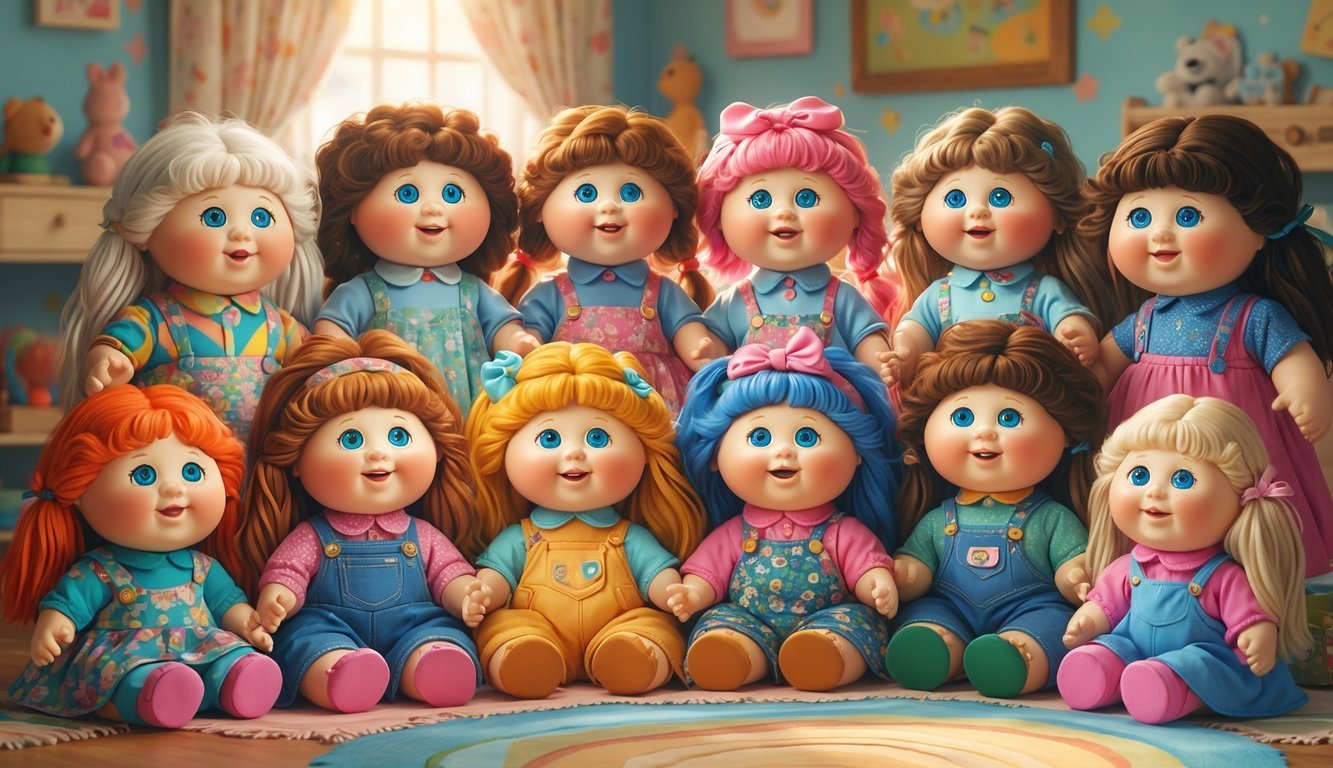 Twelve colorful Cabbage Patch Kids dolls from the 1970s arranged together in a cozy playroom setting.