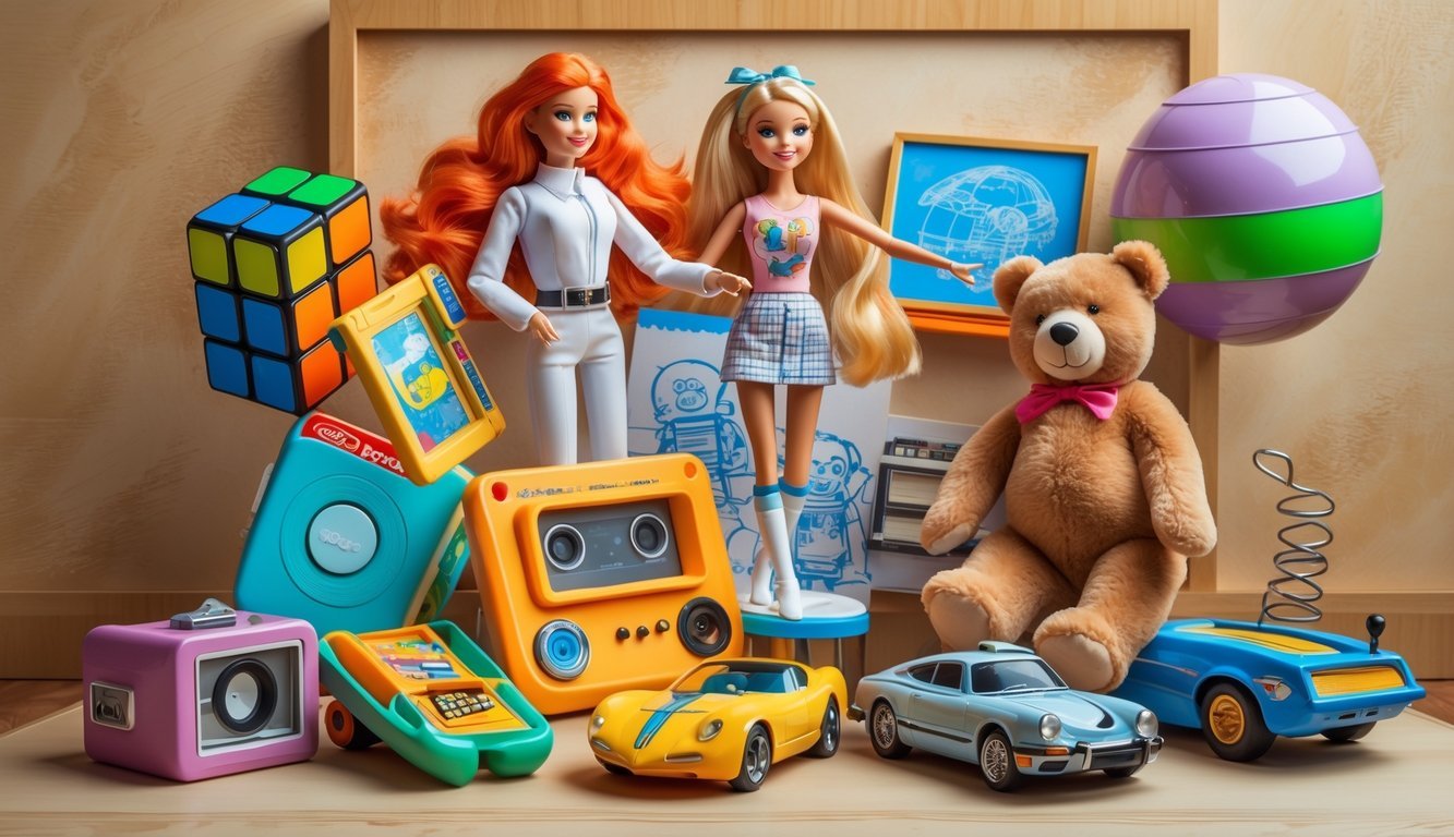 A collection of twelve classic 1970s toys including a Rubik's Cube, Star Wars figure, Lite-Brite, Barbie doll, Etch A Sketch, Hot Wheels car, Teddy Ruxpin, Slinky, Chatter Telephone, View-Master, Stretch Armstrong, and Pogo Ball arranged together.