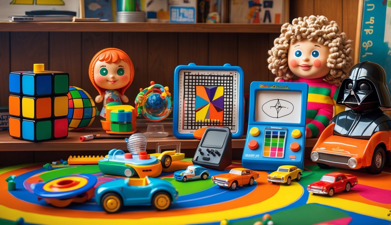 A collection of popular 1970s toys including a Rubik's Cube, Star Wars figure, Hot Wheels car, Cabbage Patch Kid doll, Lite-Brite, Atari joystick, Tinkertoys, Spirograph, Fisher-Price Chatter Telephone, Stretch Armstrong, Matchbox cars, and Etch A Sketch arranged on a shelf and play mat in a cozy room.