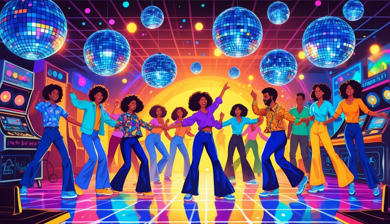 A lively dance floor with people dancing under multiple sparkling disco balls surrounded by 1970s fashion and nostalgic objects from the decade.