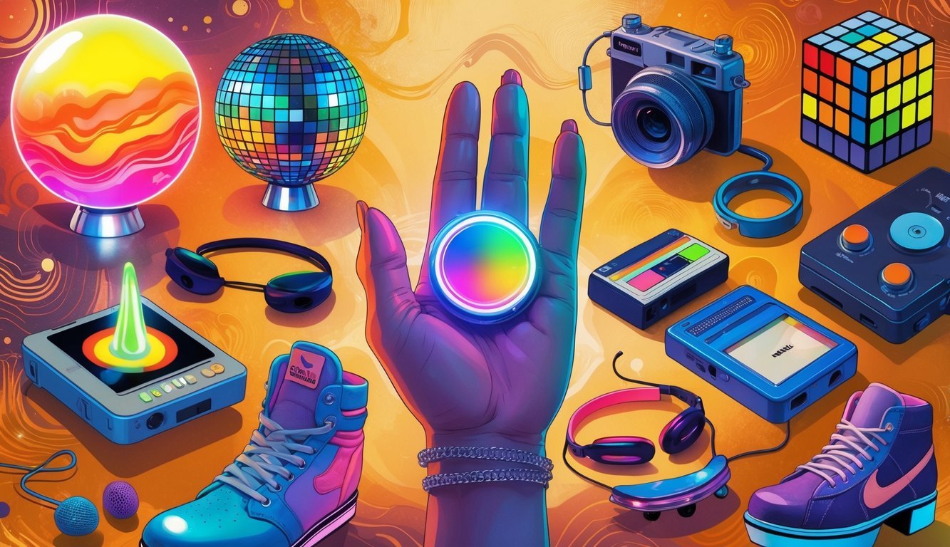 A colorful scene showing a hand wearing a glowing mood ring surrounded by a disco ball, lava lamp, platform shoes, Polaroid camera, Rubik's Cube, cassette tape with headphones, bell-bottom jeans, peace sign necklace, roller skate, and Atari joystick.