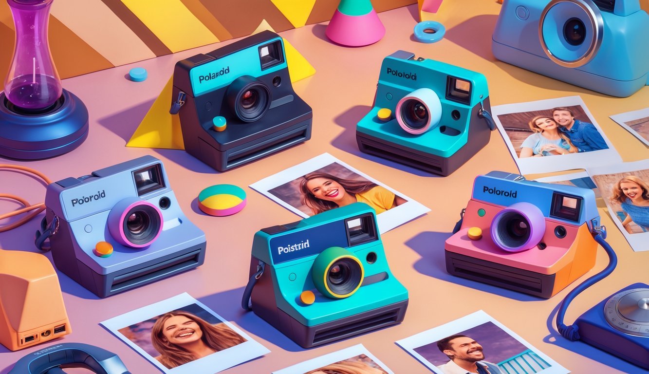 A collection of vintage Polaroid cameras and instant photos surrounded by 1970s-themed items like a lava lamp, vinyl record player, and rotary phone on a warm, patterned background.