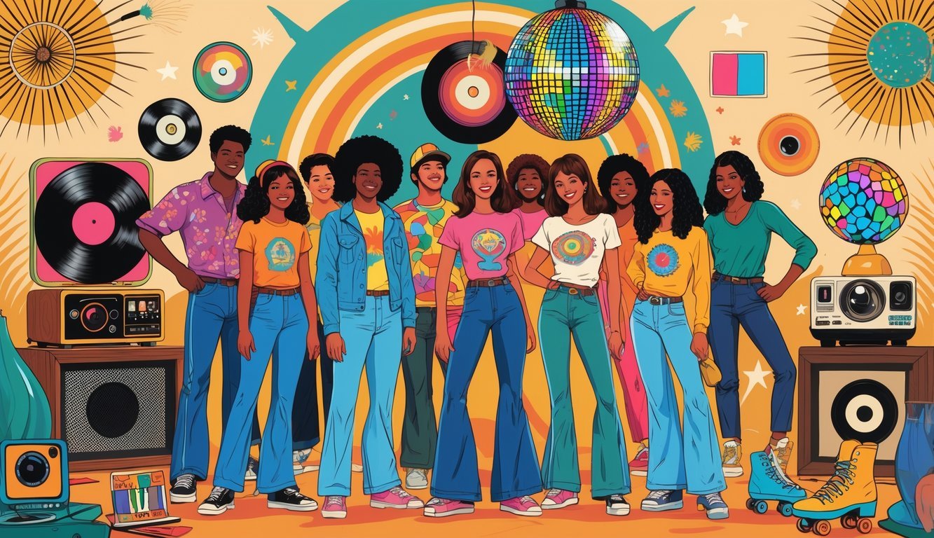 A lively scene with people wearing 1970s clothing surrounded by classic 70s items like a vinyl record player, lava lamps, a Rubik's Cube, roller skates, a Polaroid camera, an arcade game, and a disco ball.