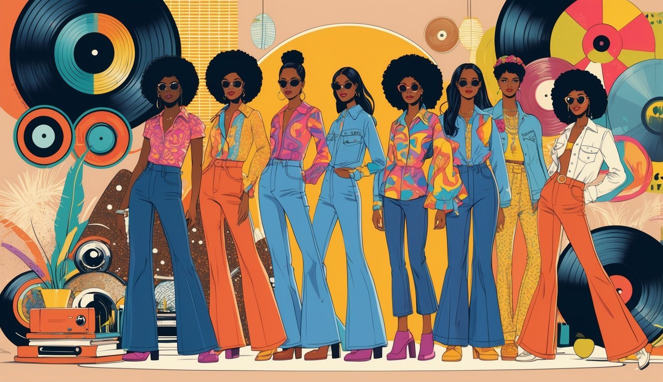 A group of people wearing 1970s-inspired clothing mixed with modern fashion elements, surrounded by retro objects like vinyl records and disco balls.